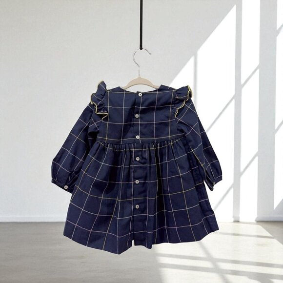NWT Jacadi Navy Cotton Checker Print Long Sleeve Double Layered Dress 12 MONTH - Picture 4 of 4